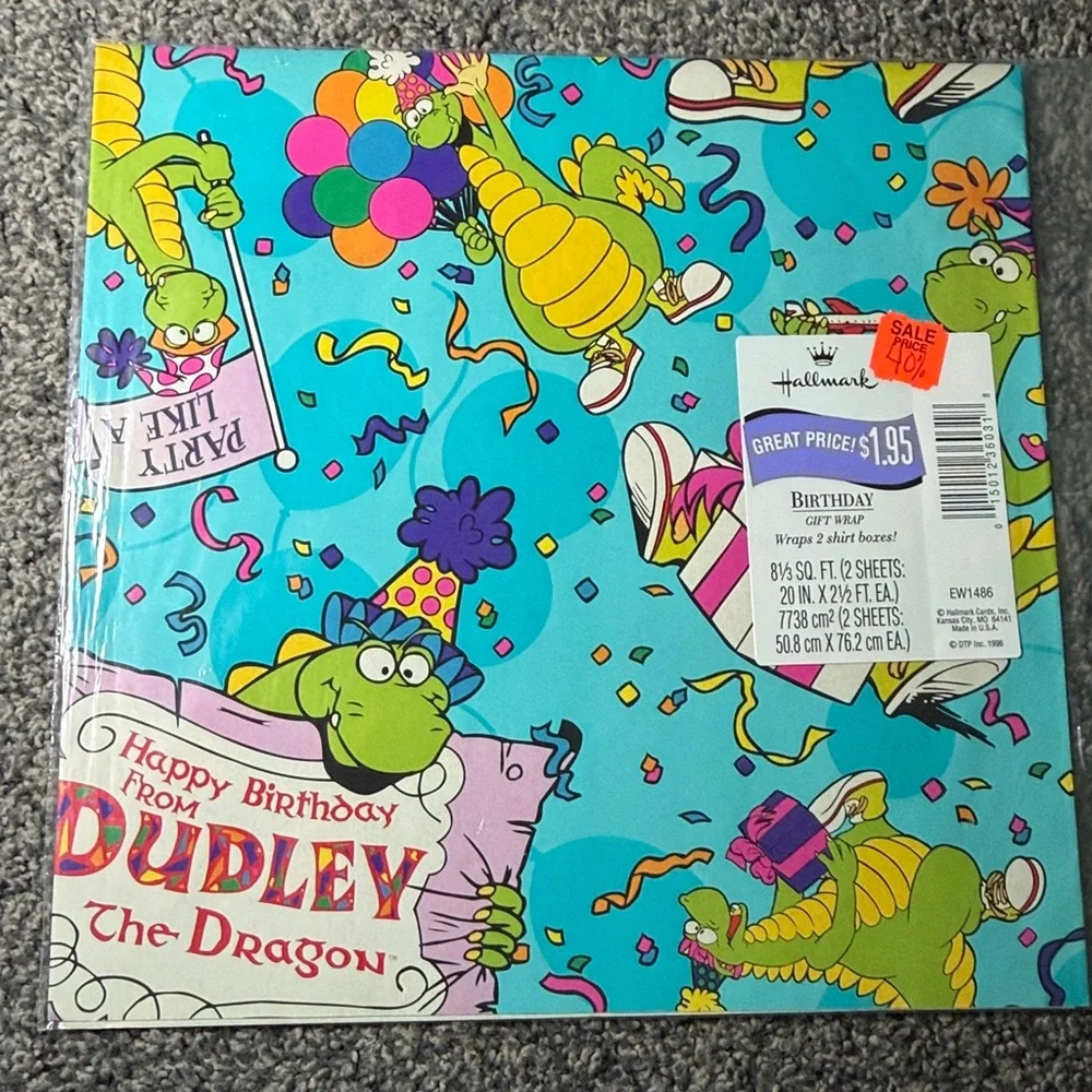 5/$25 VINTAGE Birthday Wrapping Paper Dudley The Dragon